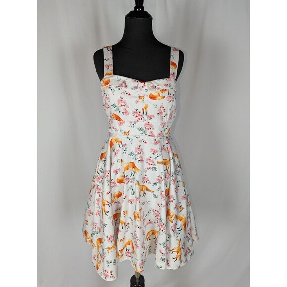 Ixia Dress L Women's White Fox Print Sweetheart Neck Sleeveless Fit & Flare - Picture 1 of 6